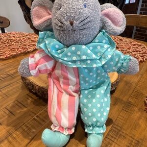 Pier 1 imports lovey Gray Mouse Plush Toy with Pink and Blue clown dotted plush